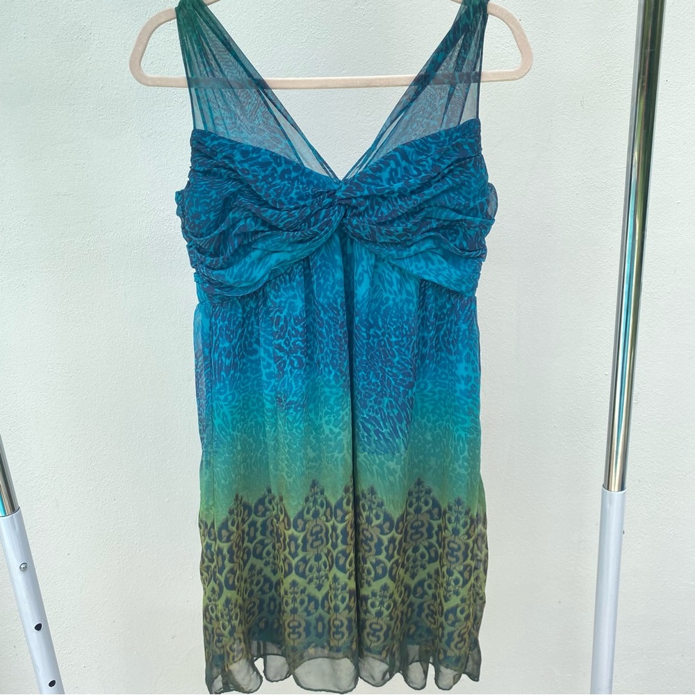 Y2K Sandra Darren Blue Green Leopard Print Chiffon Dress Size 10